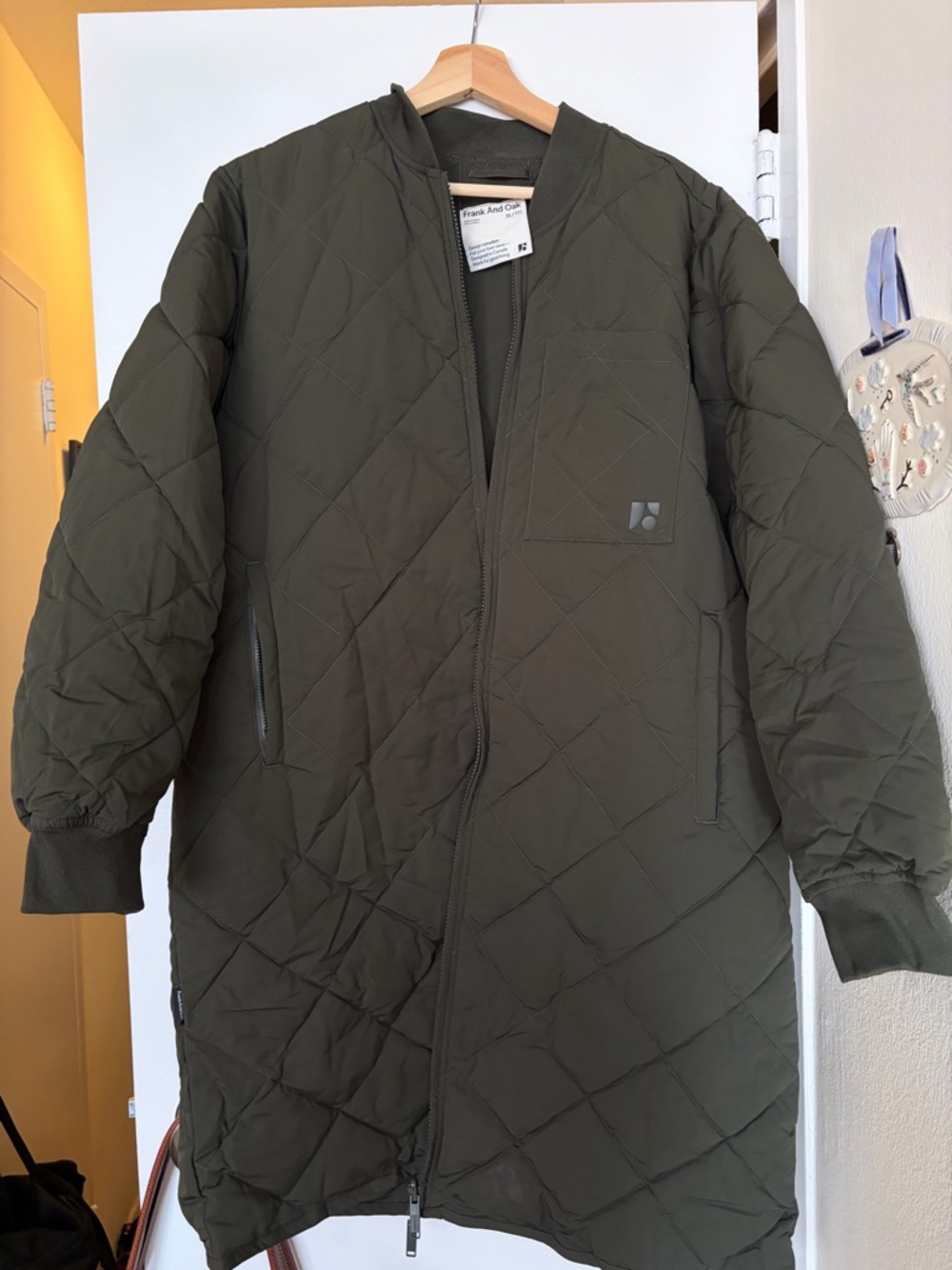 Frank & Oak Olive Green Quilted Long Puffer Coat